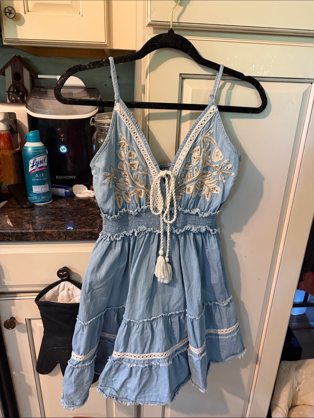 POL Sky Blue Embroidered Tie-Front Mini Dress